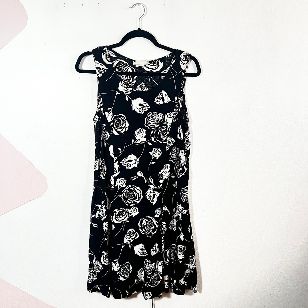 Vintage 90s Mini Dress Size 12 Black Rose Floral Summer Whimsigoth Grunge